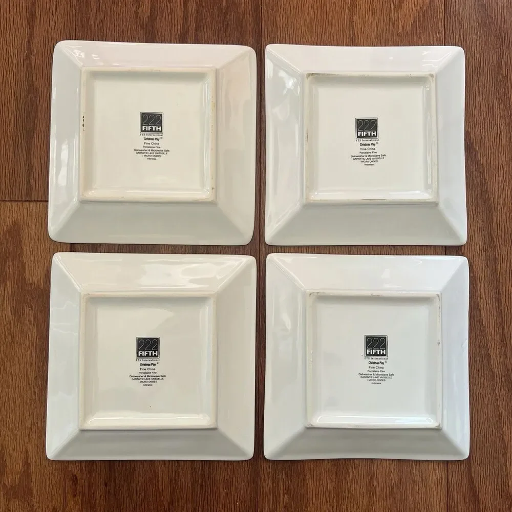 222 Fifth Christmas Plates Set of‎ 4 Square Whimsical Folk Art- Style